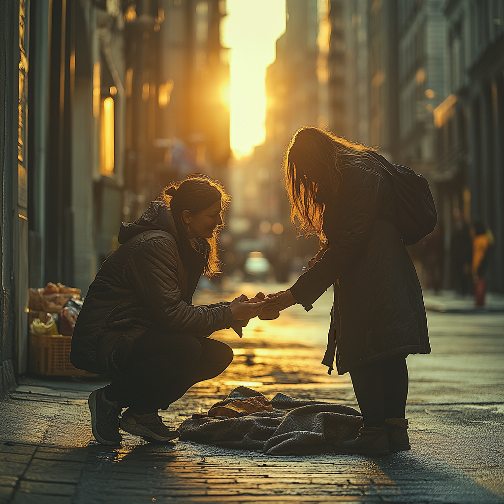 Woman praying for a homeless woman.