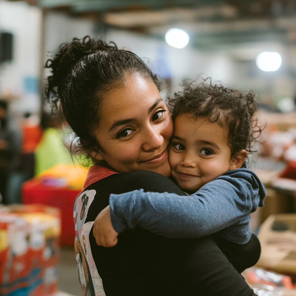 A single mother holding her child, receiving help from Live Out Love