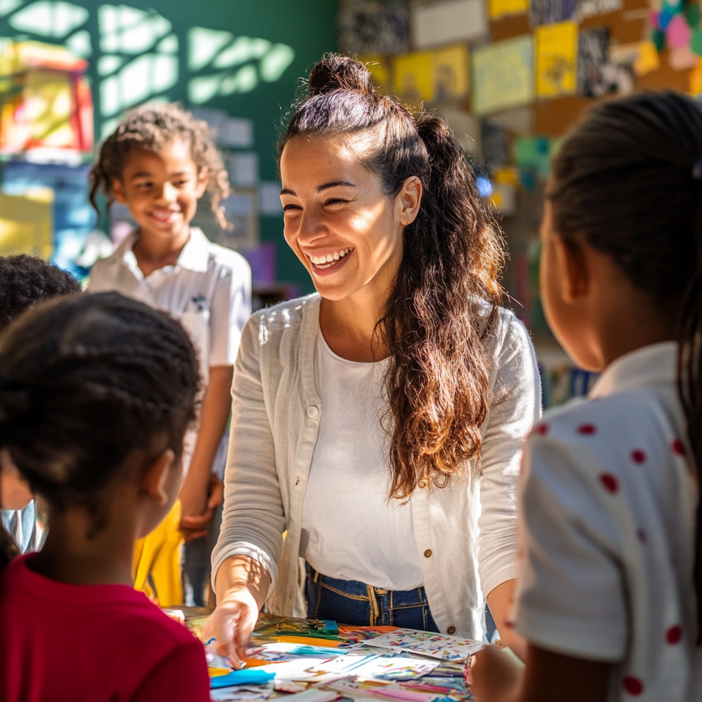 A teacher surrounded by students in a classroom.